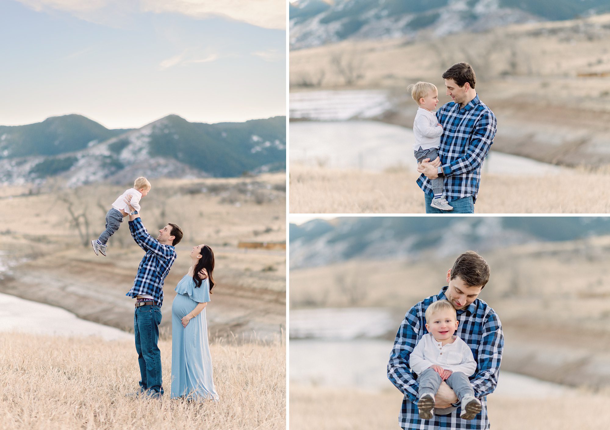 A family of three gets maternity photos done in a picturesque mountain location in Denver CO as they celebrate the soon to be arrival of twin boys. 