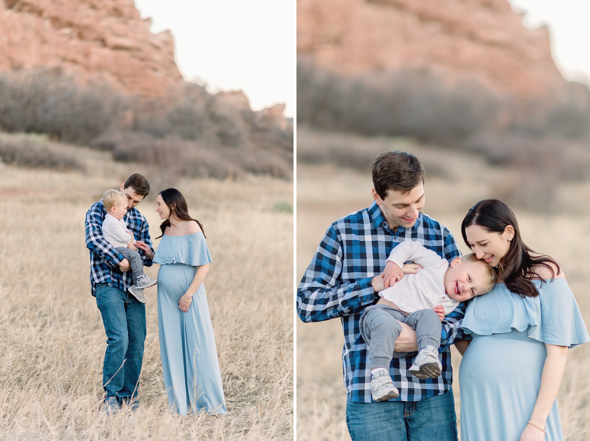 A family of three gets maternity photos done in a picturesque mountain location in Denver CO as they celebrate the soon to be arrival of twin boys. 