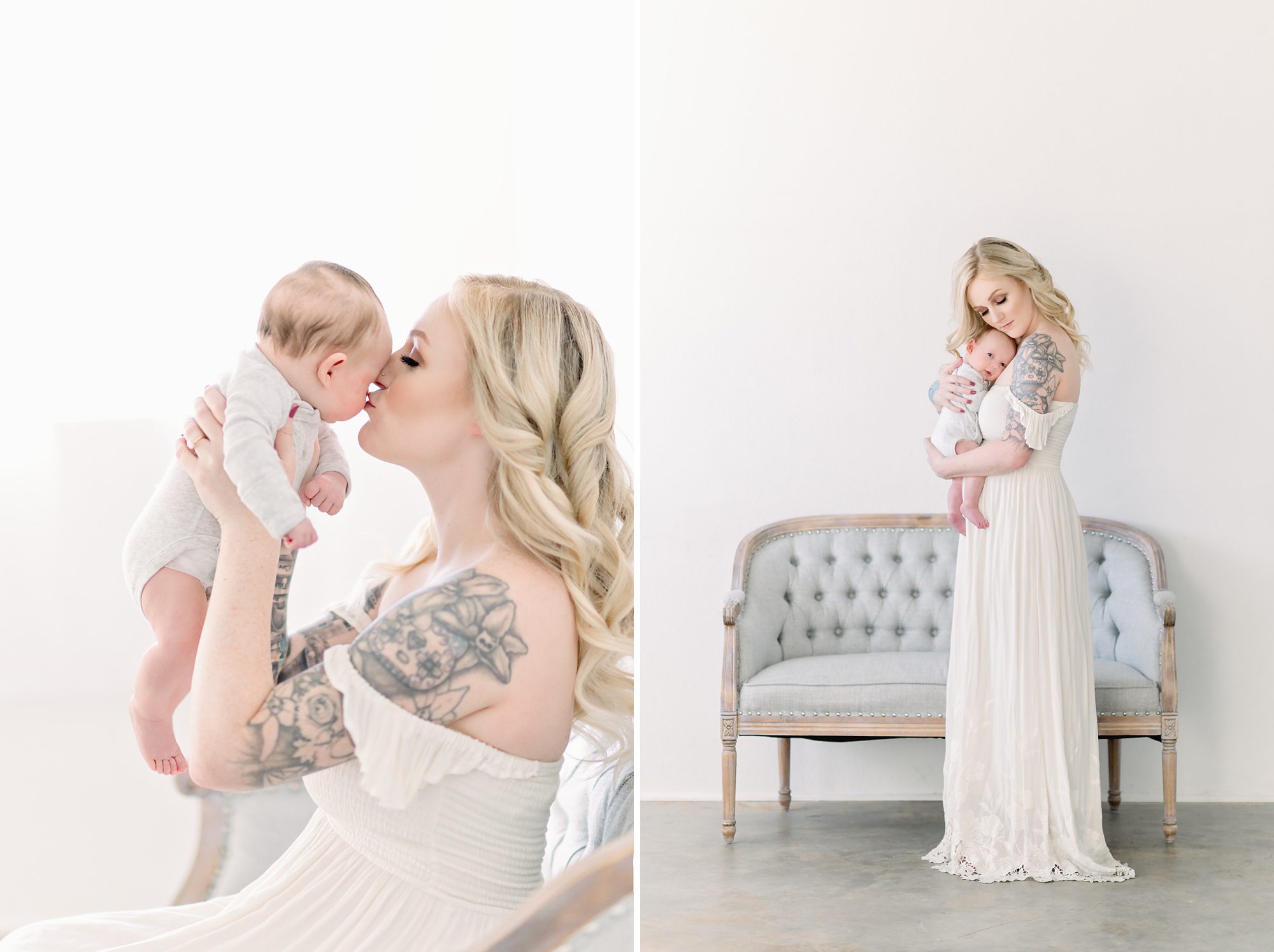 As a new family of 4, these parents get light and airy newborn photos done with their two boys in a bright white studio in Denver Colorado.