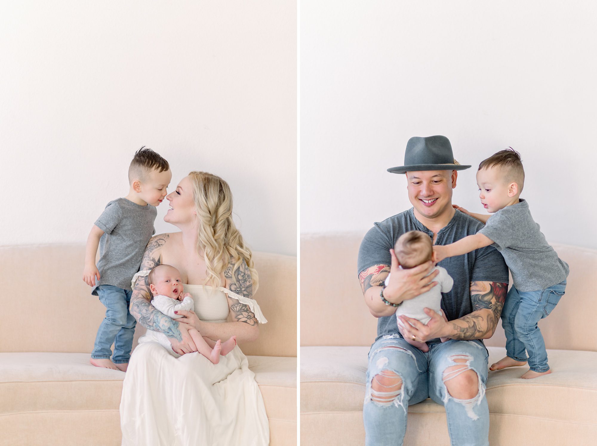 As a new family of 4, these parents get light and airy newborn photos done with their two boys in a bright white studio in Denver Colorado.