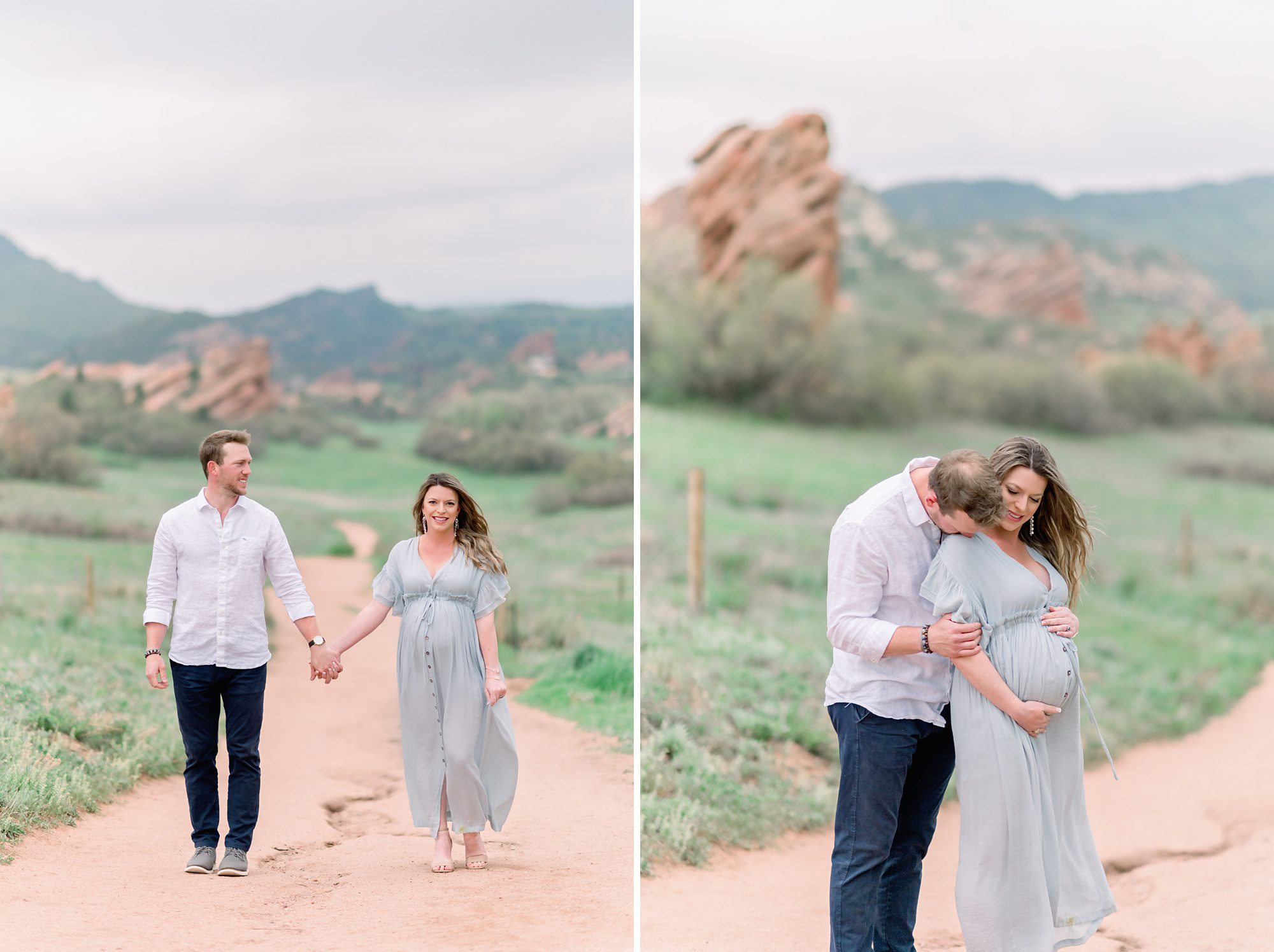 A husband and wife get maternity photos done with their dogs at scenic South Valley Park in Denver Colorado, and will soon welcome their first child.