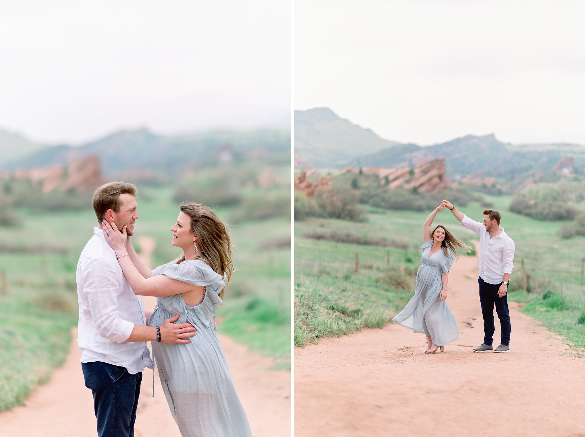 A husband and wife get maternity photos done with their dogs at scenic South Valley Park in Denver Colorado, and will soon welcome their first child.