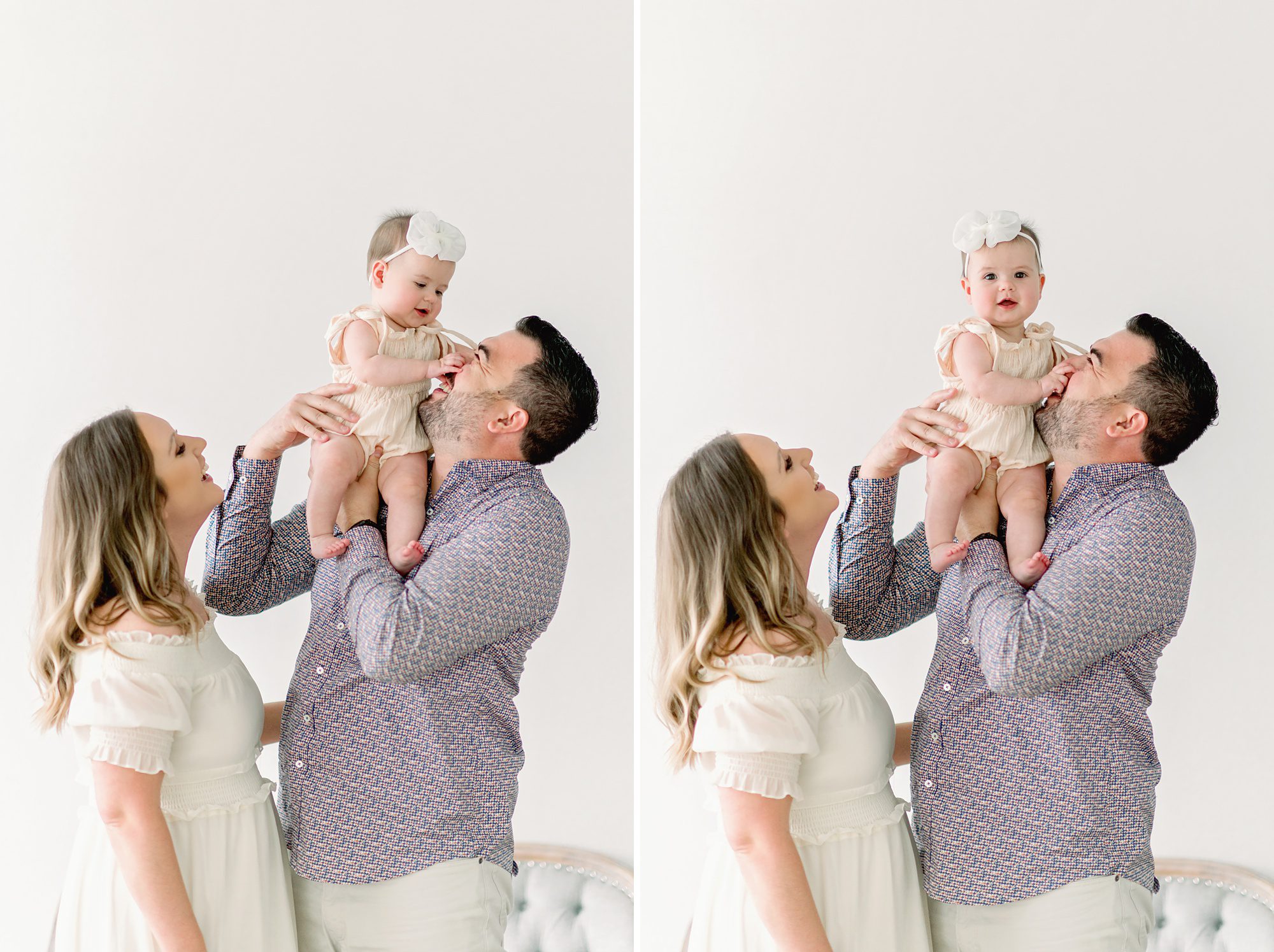 A mom and dad and their 6 mo old daughter get fine art family portraits done in a bright white studio in Centennial Colorado. 