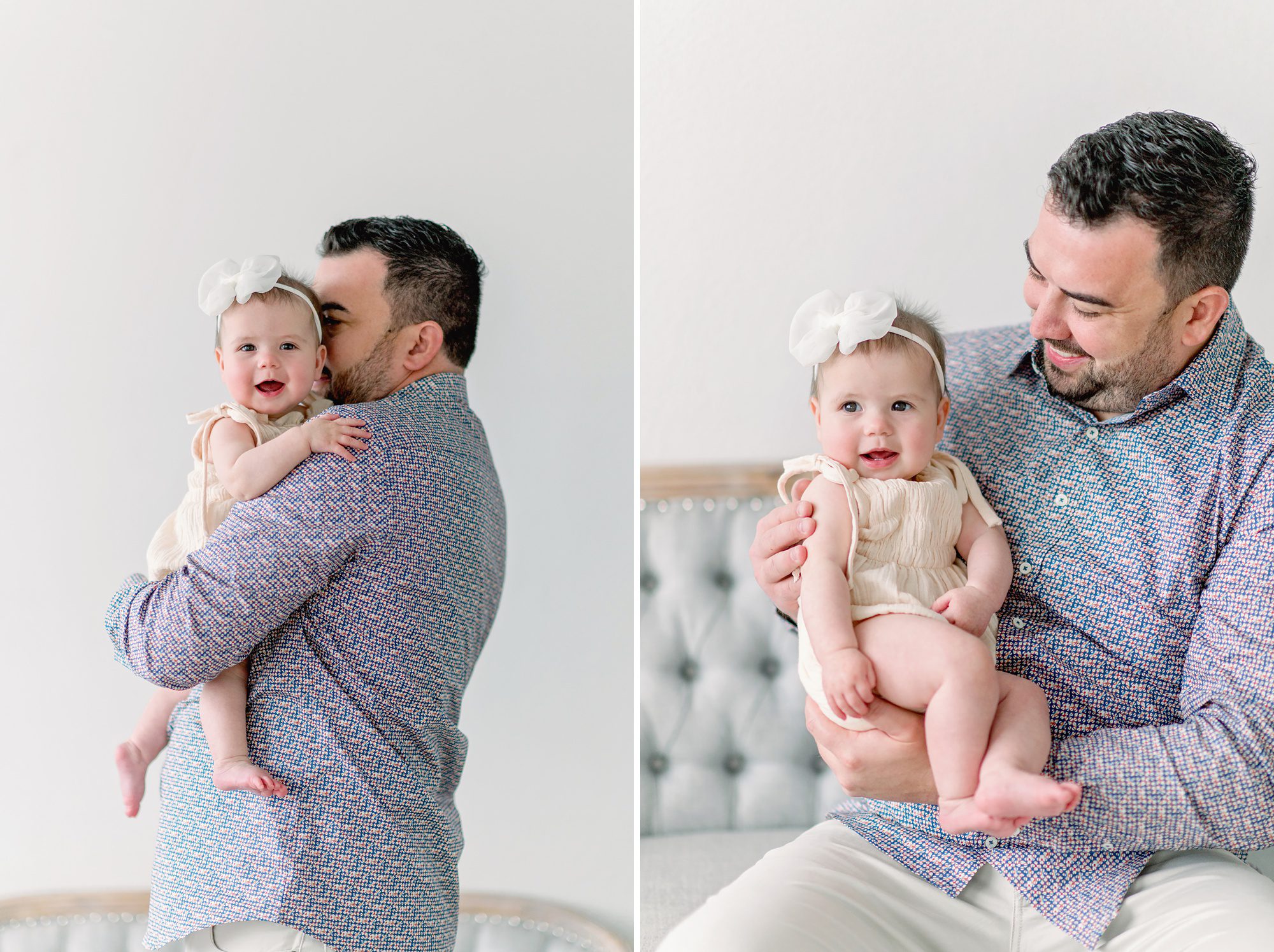 A mom and dad and their 6 mo old daughter get fine art family portraits done in a bright white studio in Centennial Colorado. 
