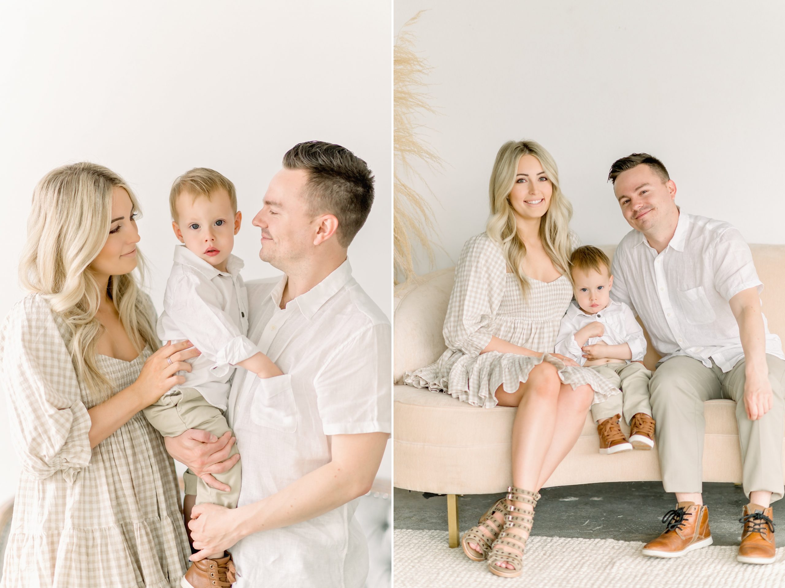 A young family of 3 gets updated family portraits done in a bright white studio in Denver, Colorado.