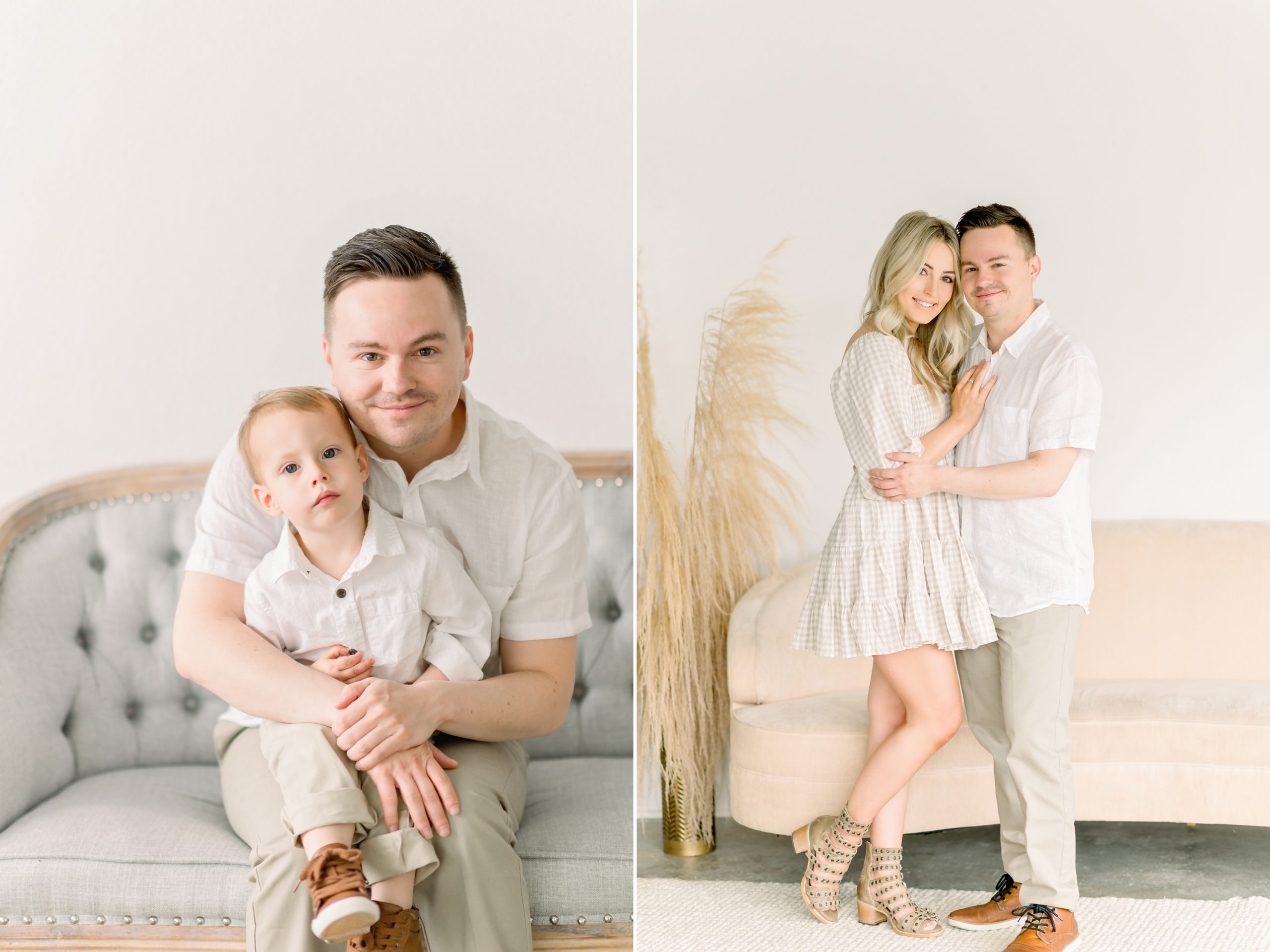 A young family of 3 gets updated family portraits done in a bright white studio in Denver, Colorado.
