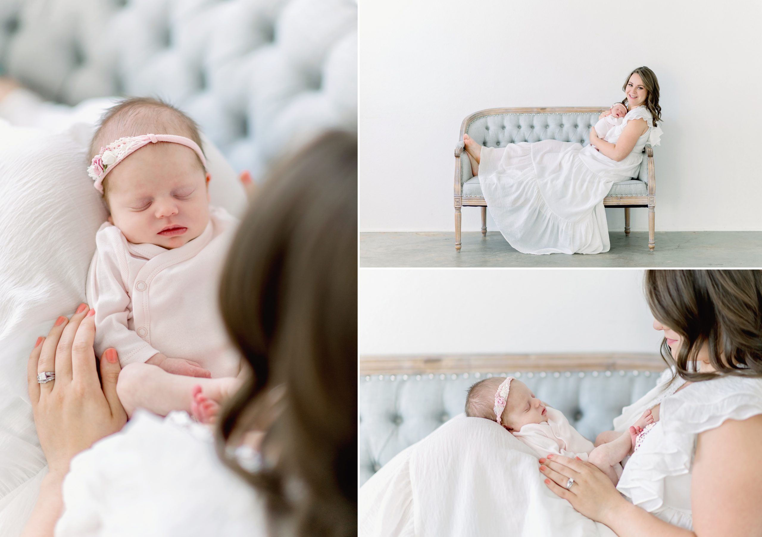 A young couple get fine art newborn portraits done with their new baby girl in a bright white studio in Denver, Colorado.