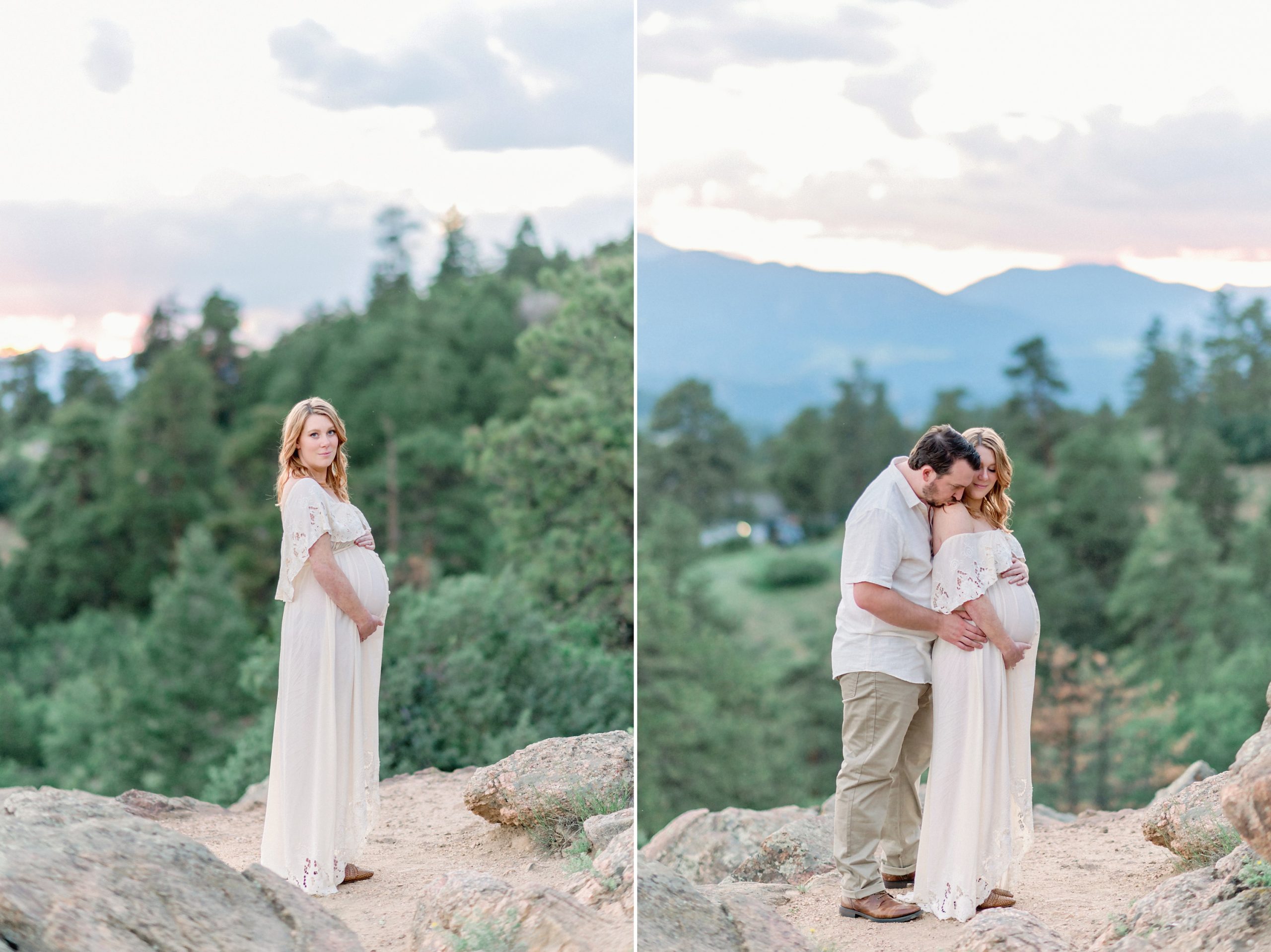 A sweet young couple expecting their first baby gets maternity photos done with the stunning backdrop of Mount Falcon in Denver, Colorado.