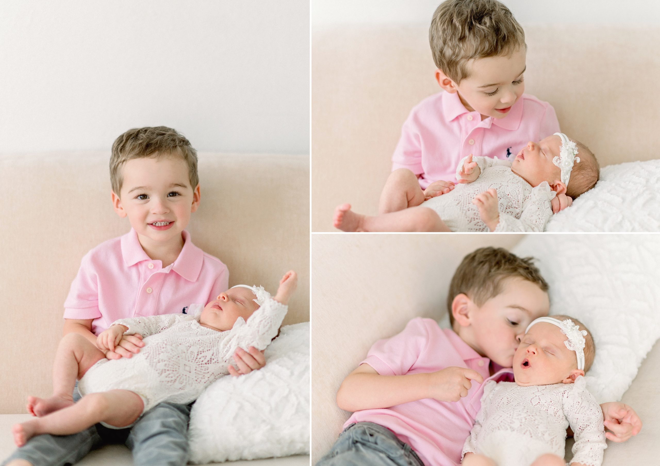 A family of 4 welcomes their new daughter by doing newborn portraits in a bright white studio in Centennial Colorado.